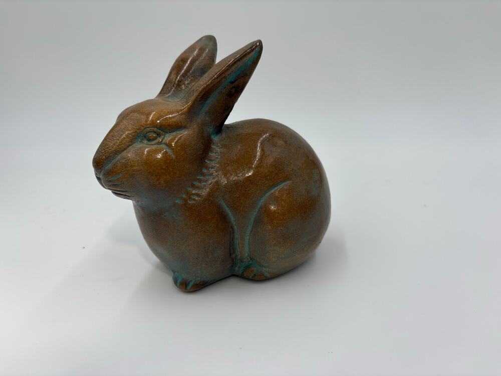 brown resin rabbit figurine faux bronze verdigris finish bunny 5"